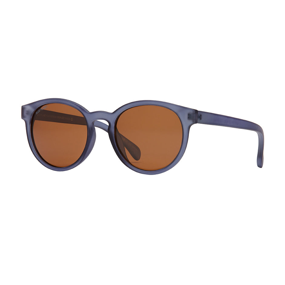Sunglasses with blue frame and brown lenses on a white background